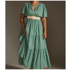 Anthropologie Linen Sage Green V-Neck Tiered Maxi Dress